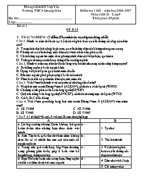 Đề kiểm tra 1 tiết môn Giáo dục công dân Lớp 9 - Đề 1 - Năm học 2016-2017 - Trường THCS Quang Châu (Có đáp án)